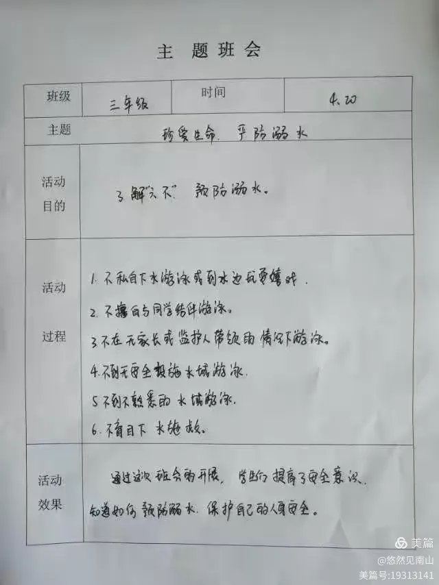 各班防溺水主题班会记录